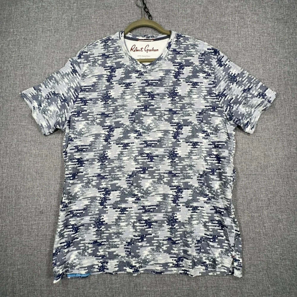 Robert Graham Deke Cotton Tee Mens XL Blue White Geometric Glitch V-Neck T-Shirt